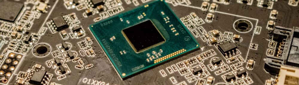 Close-up of a microchip mounted on a printed circuit board