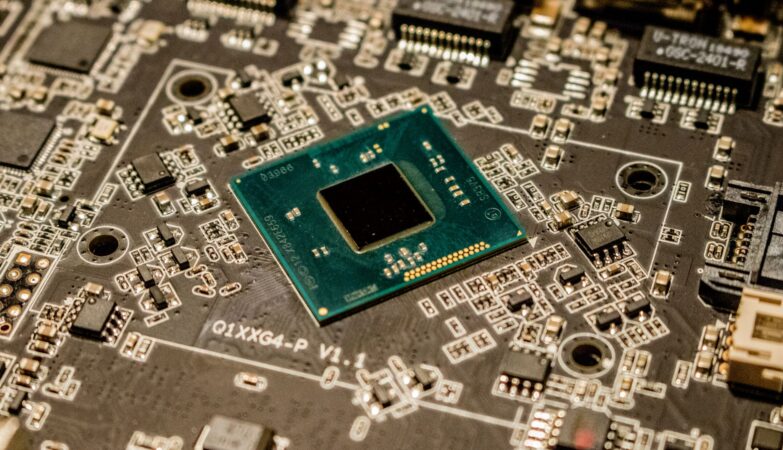 Close-up of a microchip mounted on a printed circuit board