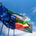 European Union flags flying against a clear blue sky