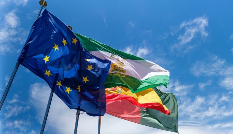 European Union flags flying against a clear blue sky