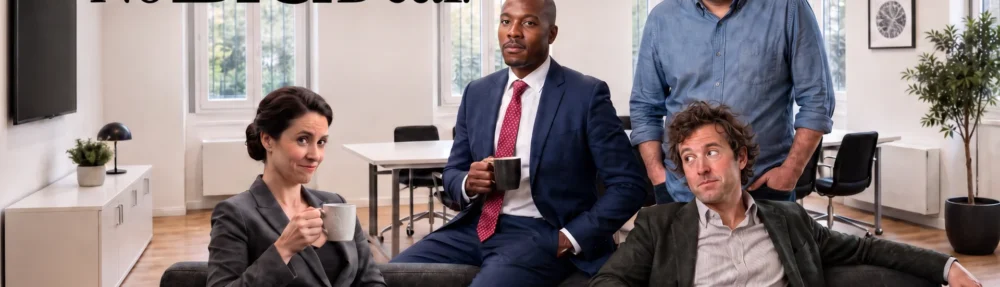 Cast of the British sitcom No Big Deal in the offices of fictional investment firm Janus