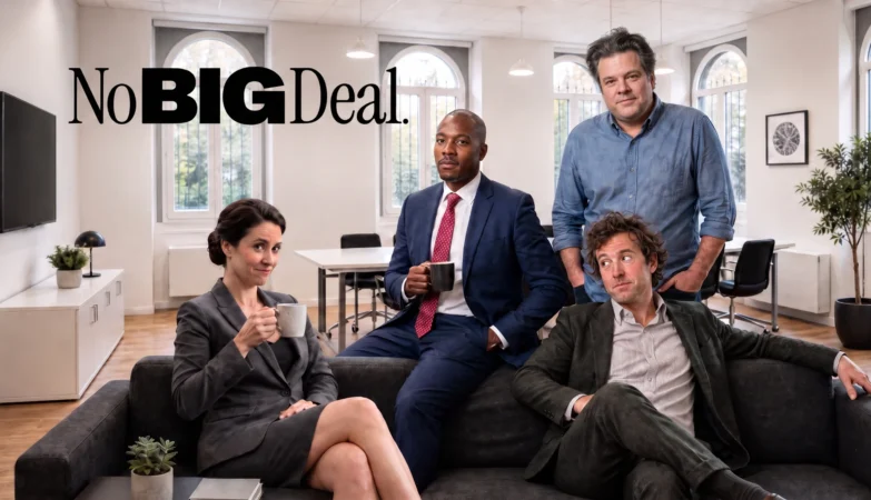 Cast of the British sitcom No Big Deal in the offices of fictional investment firm Janus