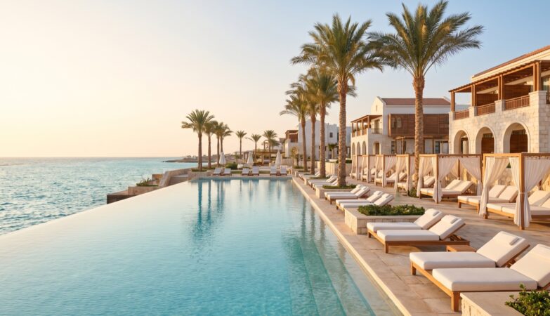 Luxury Rixos beach resort and infinity pool on Egypt’s Red Sea coast